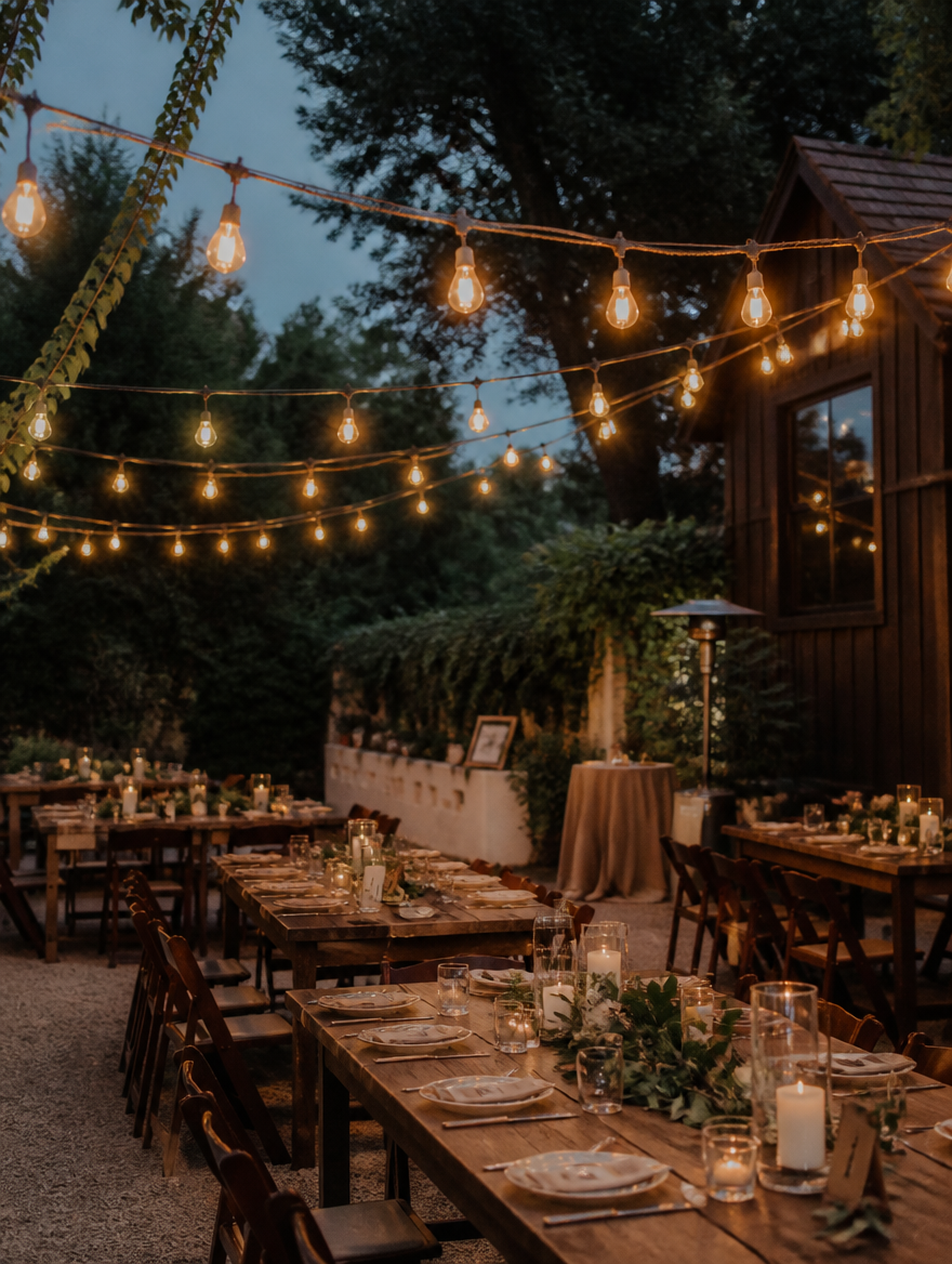 RusticGlow Hemp Rope Edison Lights at outdoor wedding