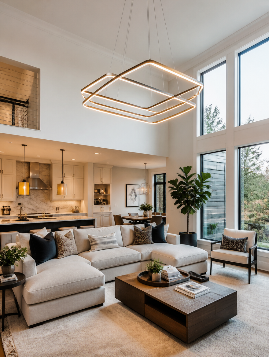CascadeGlow Multi-Head LED Chandelier in open-plan living room