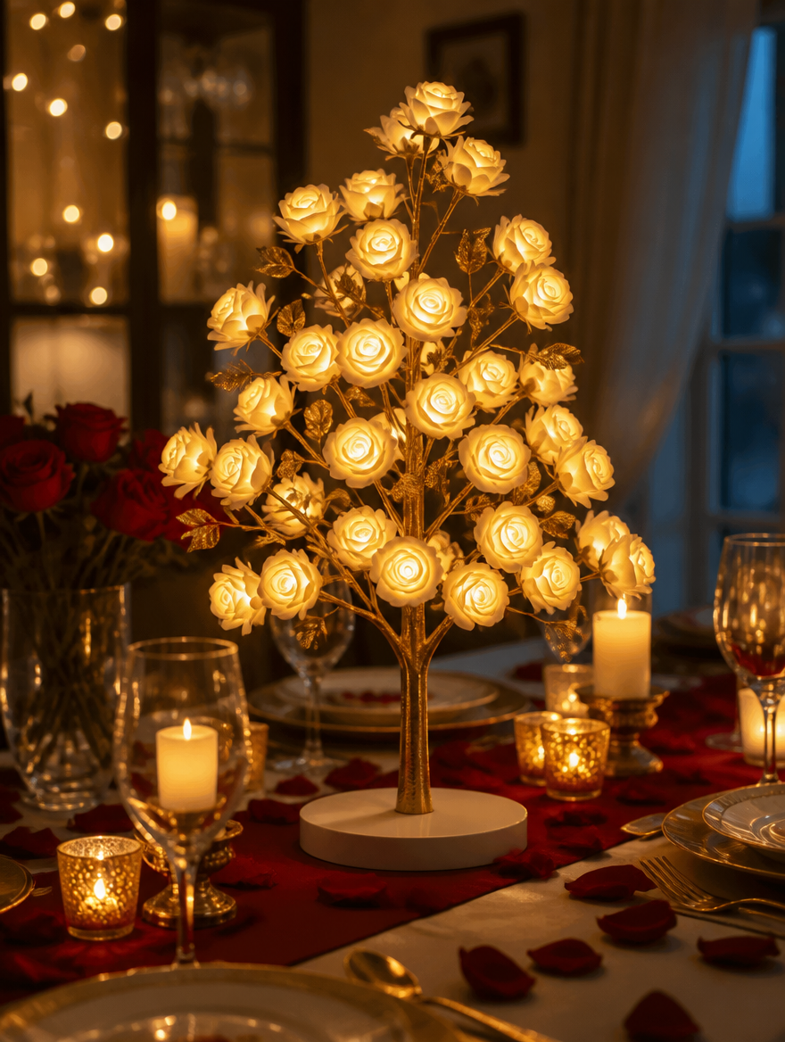 PetalGlow LED Rose Tree Lamp as dinner centerpiece