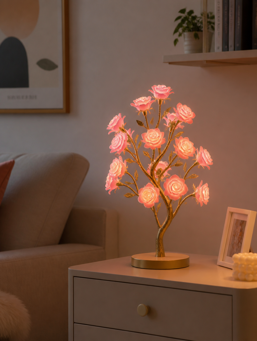 PetalGlow LED Rose Tree Table Lamp on nightstand