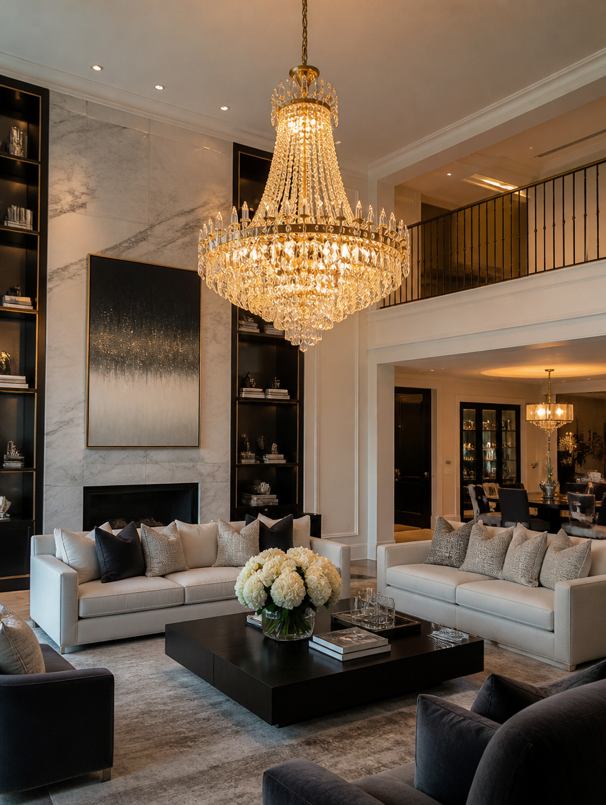 OpulenceGlow Crystal LED Chandelier in luxury living room