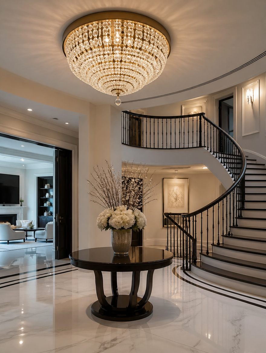 OpulenceGlow Crystal LED Chandelier in grand foyer