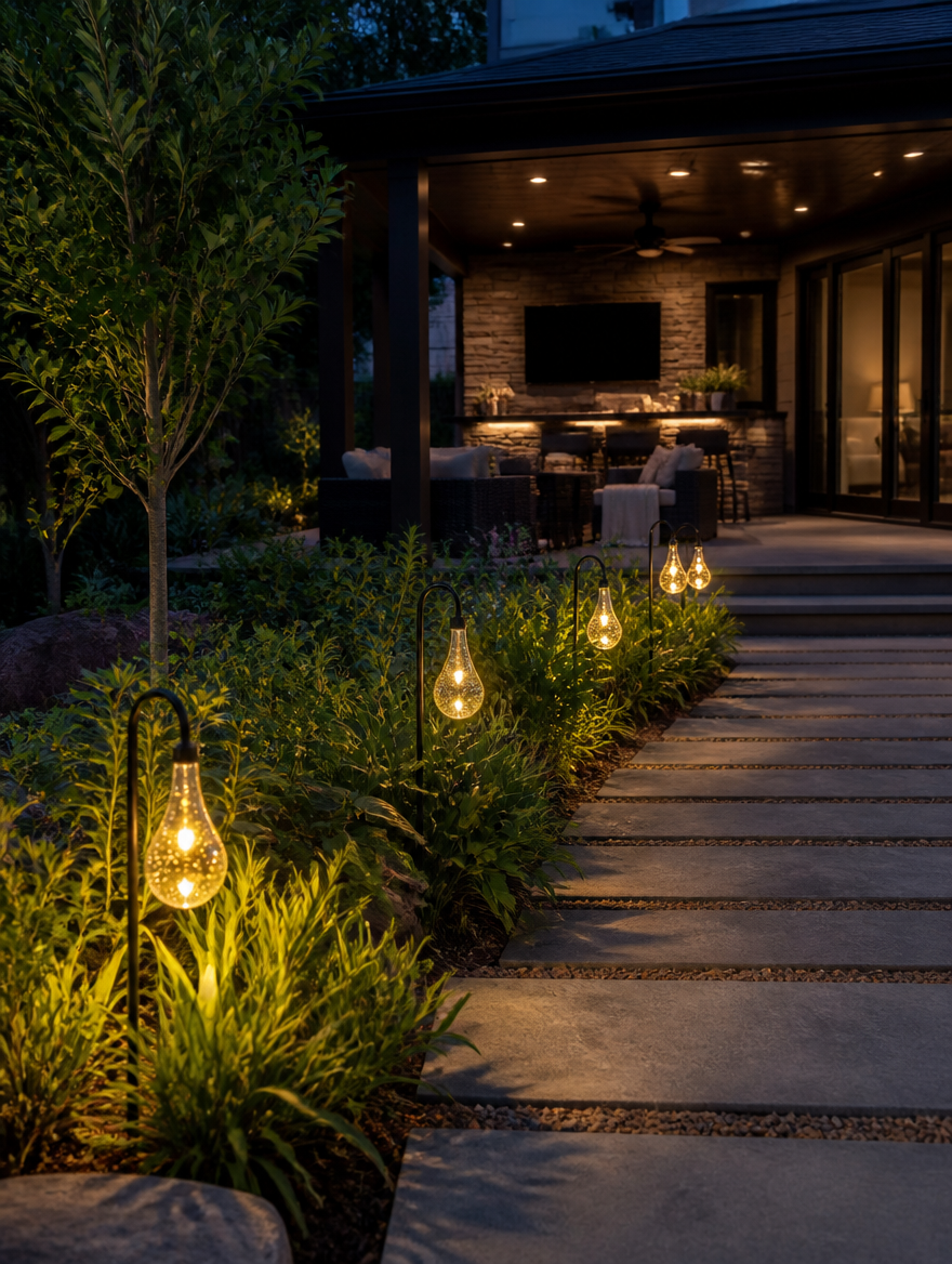 AquaOrb Solar Water Drop Lawn Lamp on modern patio