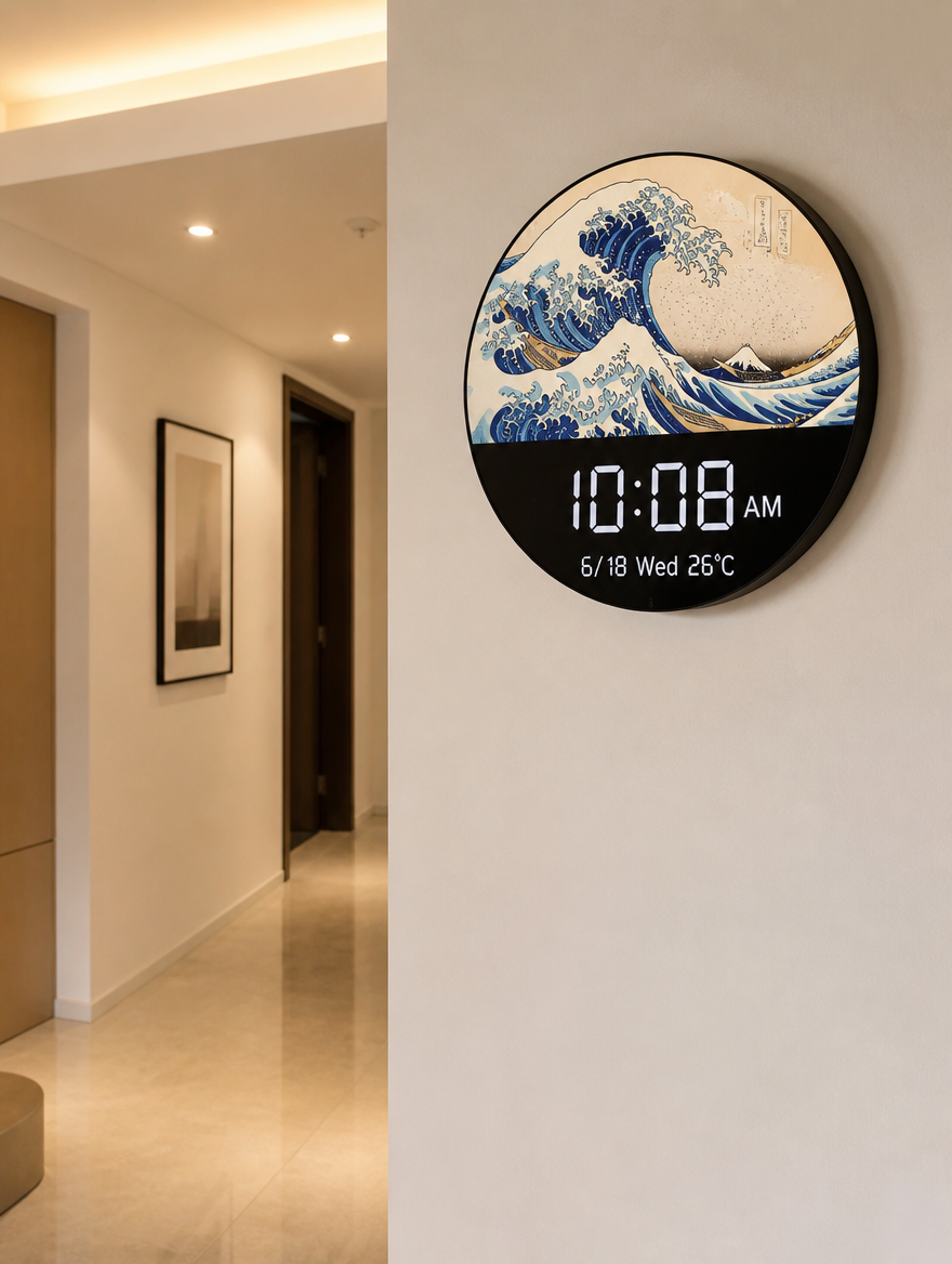LunarWave Smart Clock Wall Art on living room wall