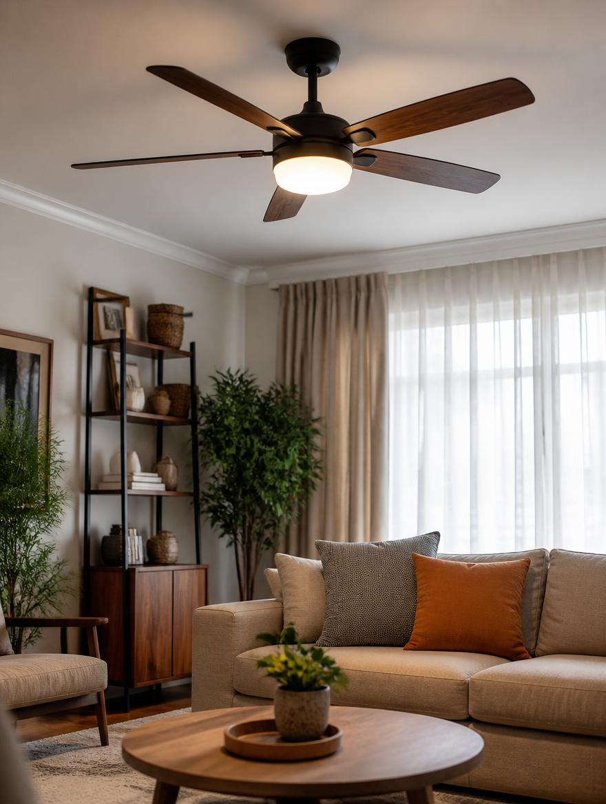 BreezeQuiet E27 Socket Ceiling Fan in bedroom setting