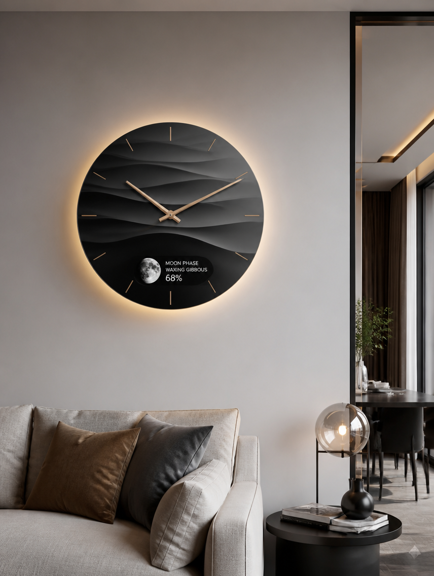 LunarWave Smart Clock Wall Art in modern room