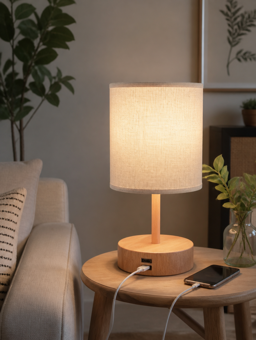TimberLux Linen USB Table Lamp in living room