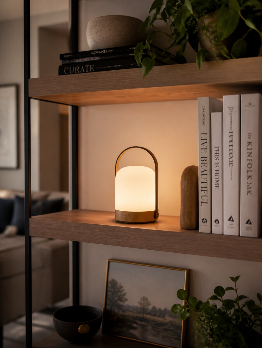MiniGlow Nordic Atmosphere Lamp on bookshelf