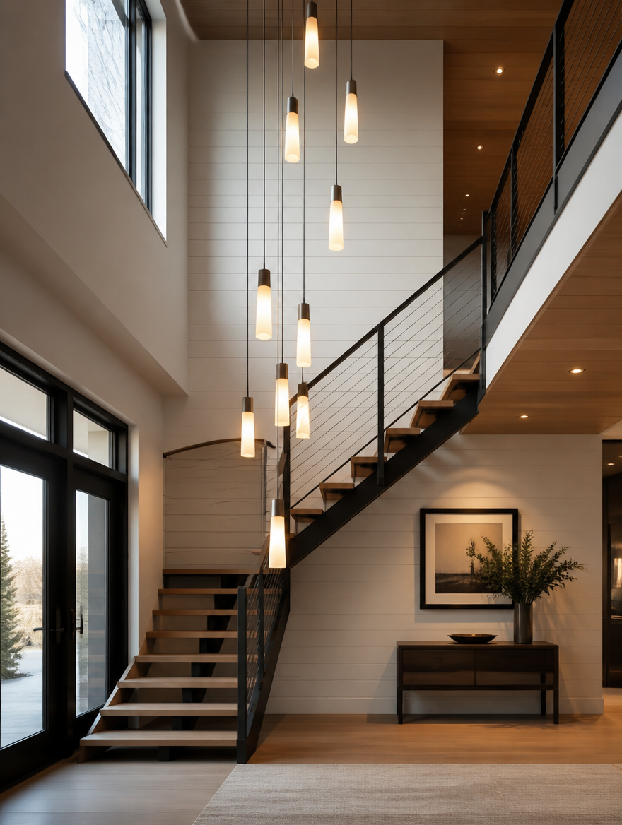 NordicCascade Stair Chandelier in foyer