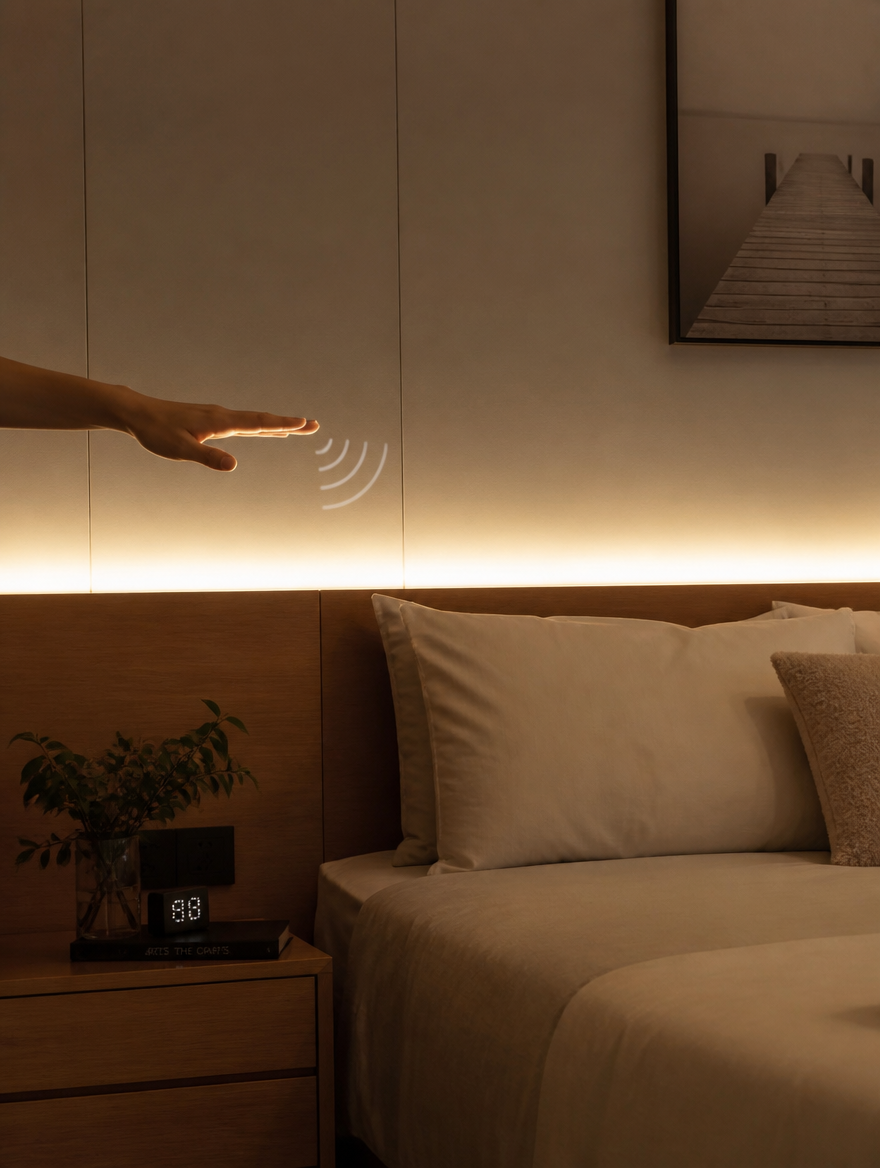 SwipeGlow USB LED Strip accent lighting on headboard