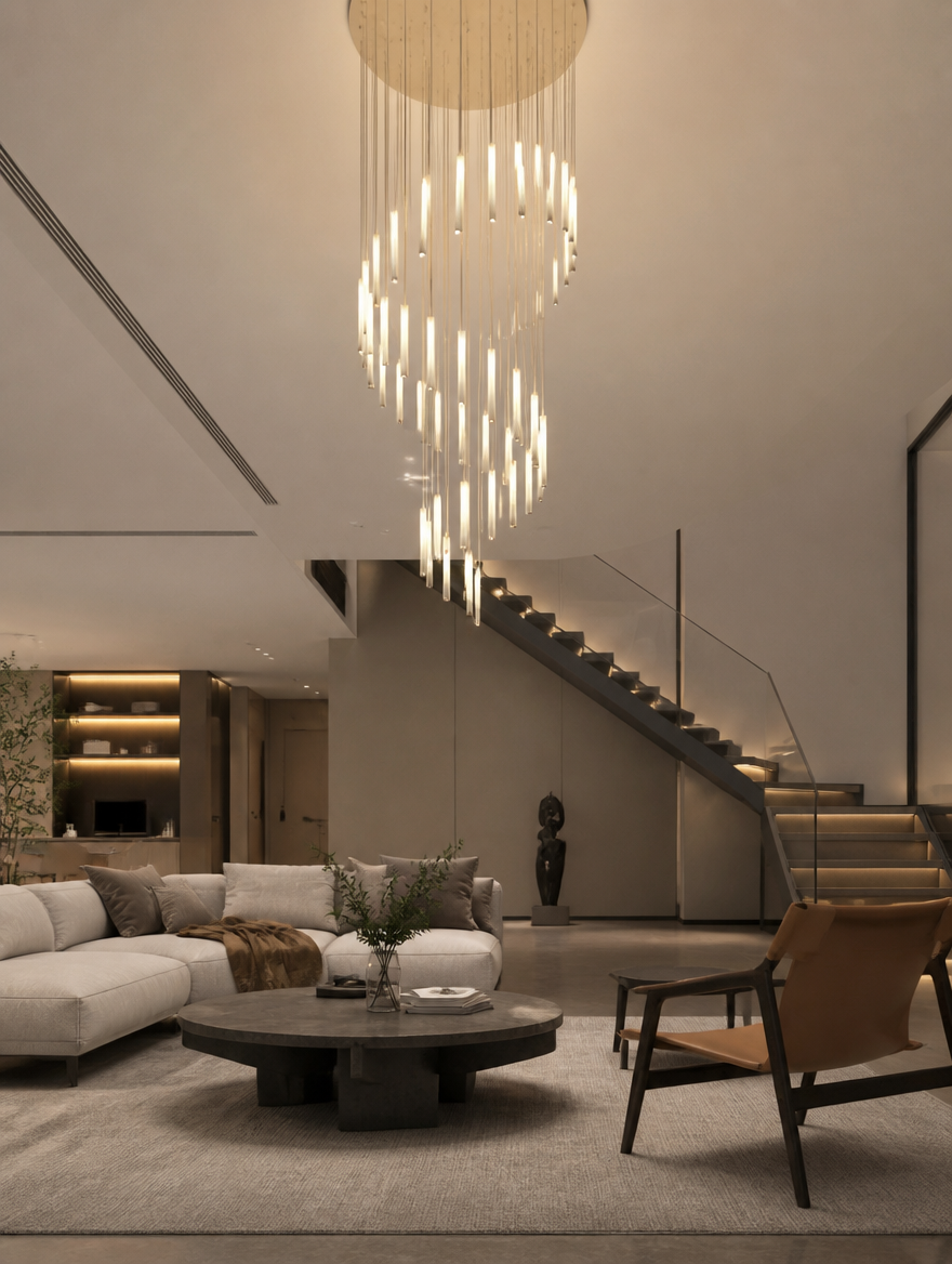 NordicCascade Stair Chandelier in living room