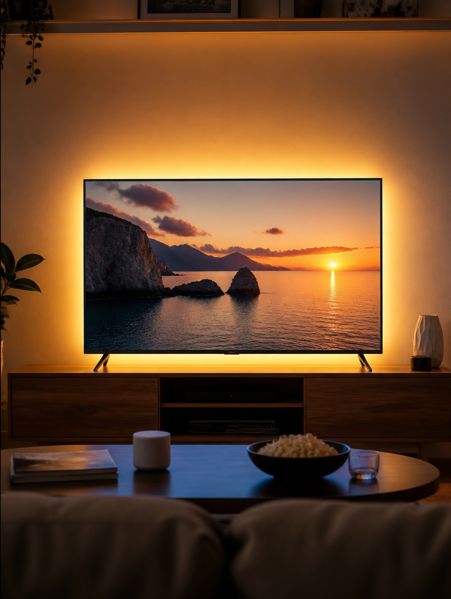 SwipeGlow USB LED Strip behind TV in living room