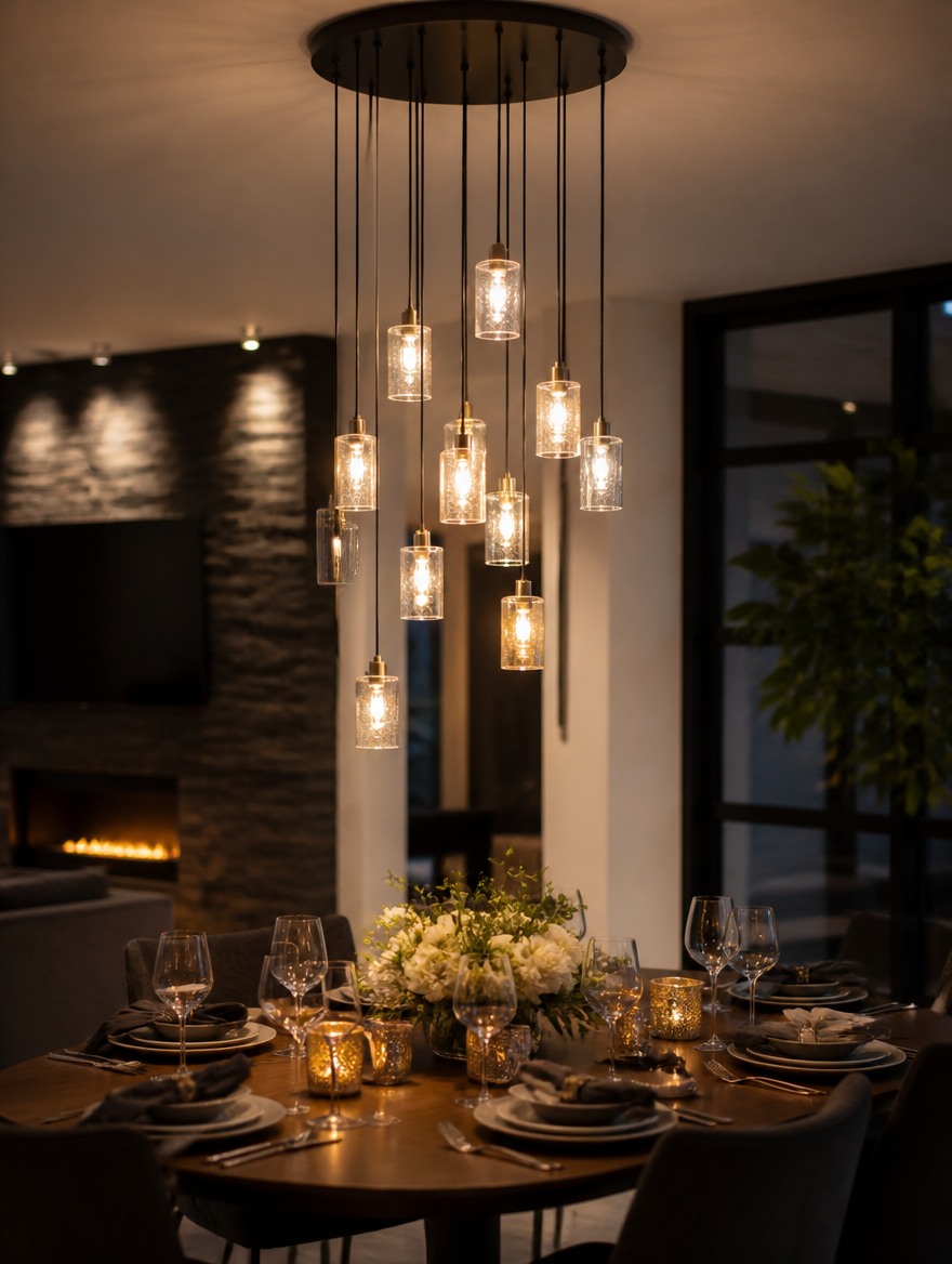 NordicCascade Stair Chandelier above dining table