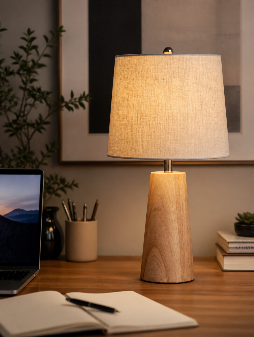 TimberLux Linen USB Table Lamp on desk