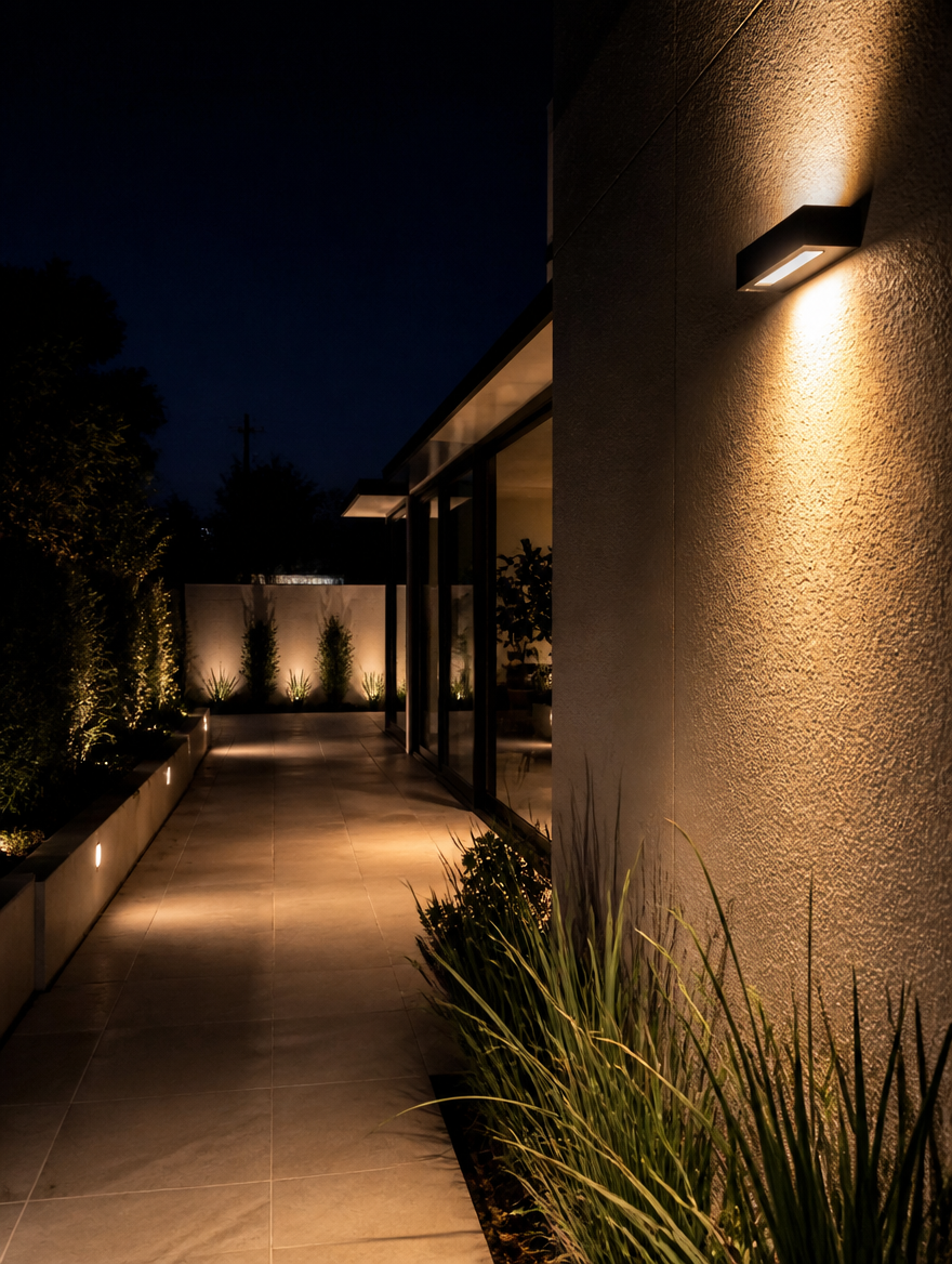 IronStripe Outdoor LED Wall Sconce on patio walkway