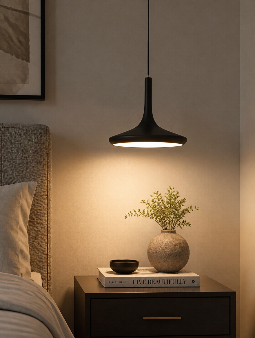 SlimArc Pendant Light above bedside table