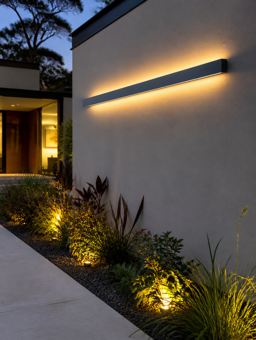 IronStripe Outdoor LED Wall Sconce on garden wall