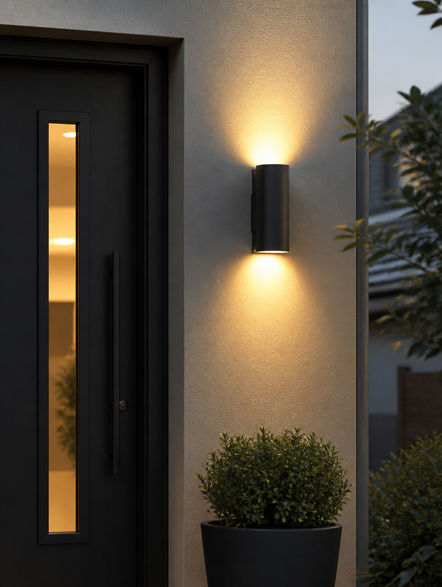 IronStripe Outdoor LED Wall Sconce by front door