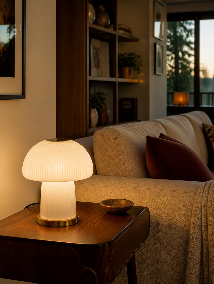 MushroomGlow Dimmable Glass Table Lamp in stylish living room