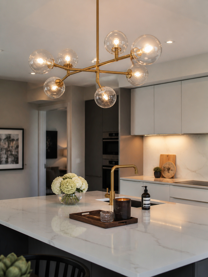OrbLux Nordic Glass Ball LED Pendant Chandelier above kitchen island