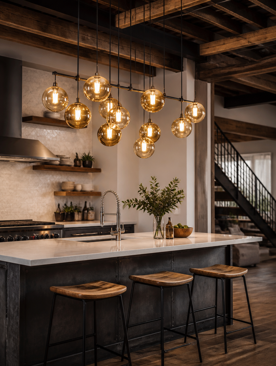 OrbLux Nordic Glass Ball LED Pendant Chandelier in modern loft kitchen