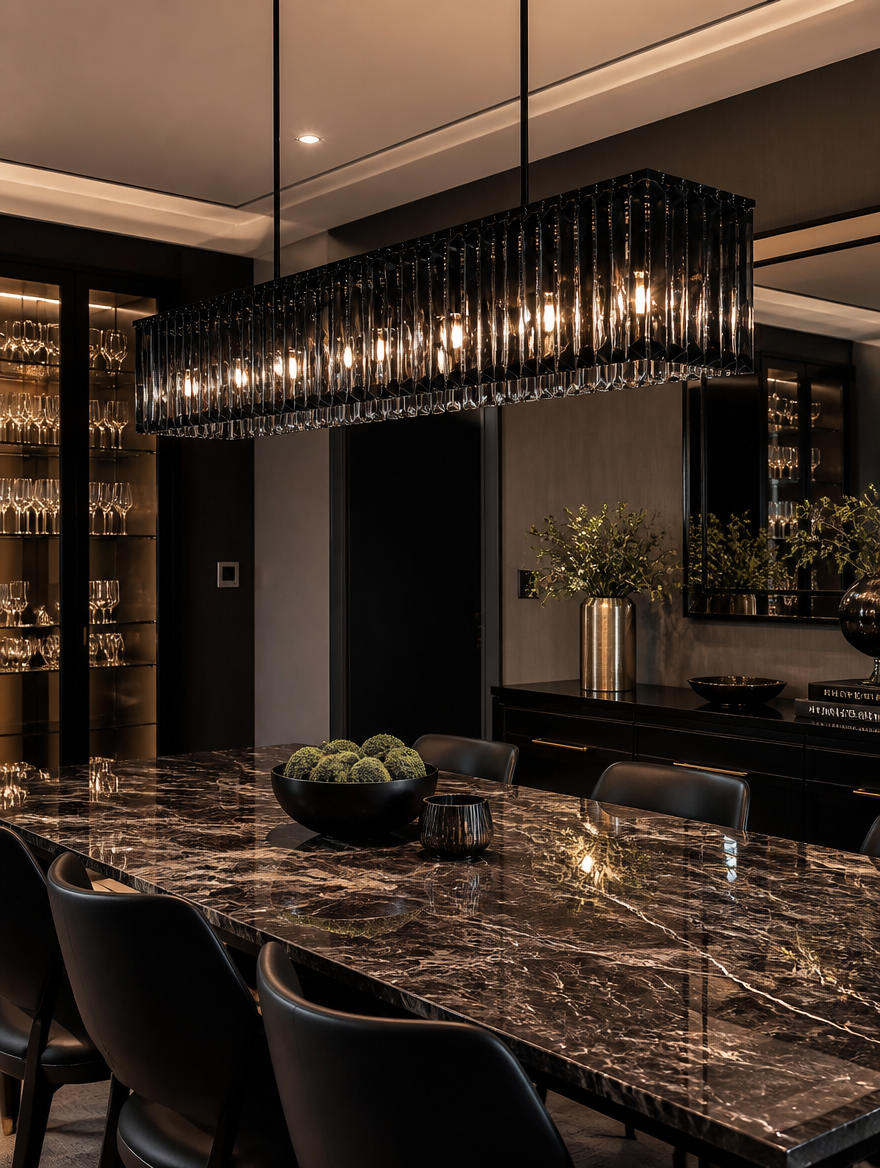 LuxPrism Crystal Glass Rectangular Chandelier in luxury dining room