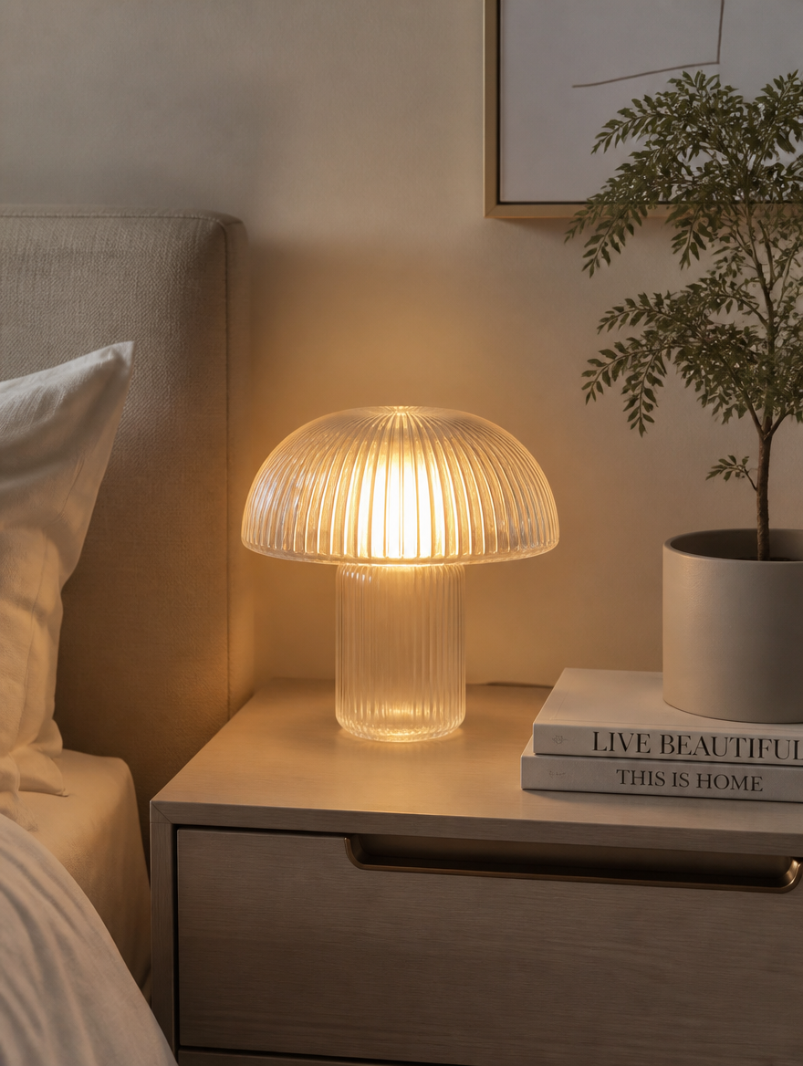 MushroomGlow Dimmable Glass Table Lamp on bedside nightstand