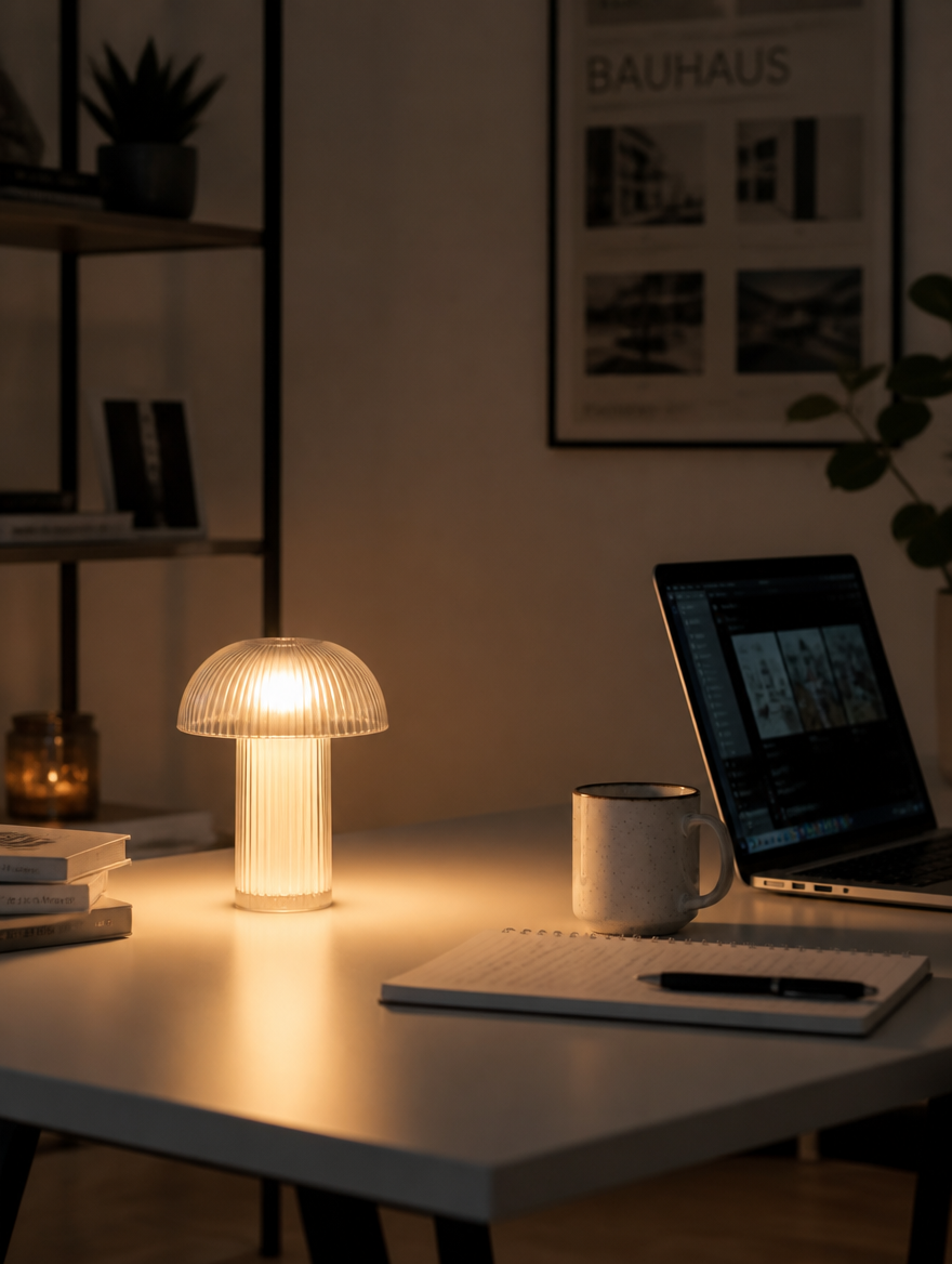 MushroomGlow Dimmable Glass Table Lamp on modern workspace desk