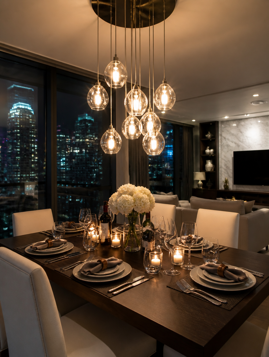 RetroLux Glass Pendant Chandelier over modern dining table