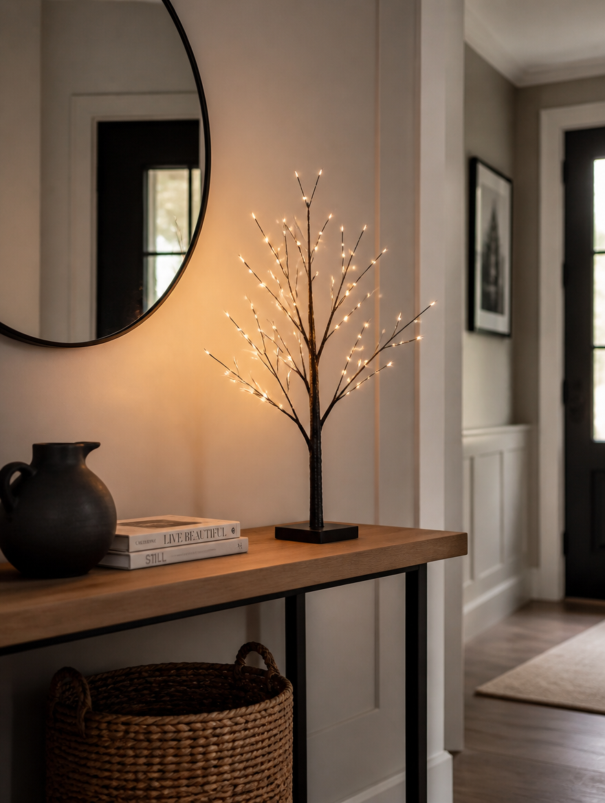 HollowBirch LED Artificial Tree Table Lamp on entryway console