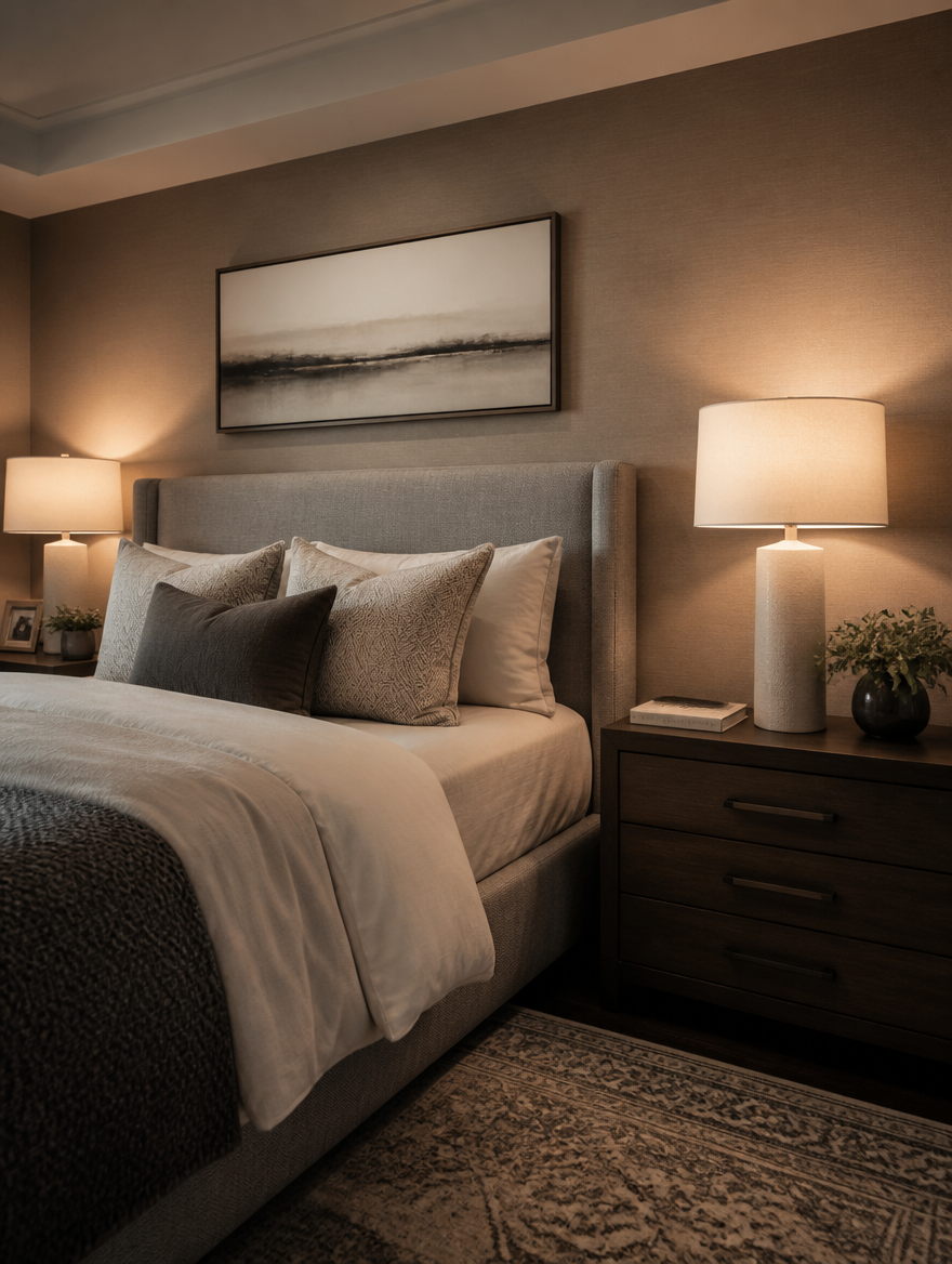DuoLux Modern Bedside Table Lamp Set in master suite