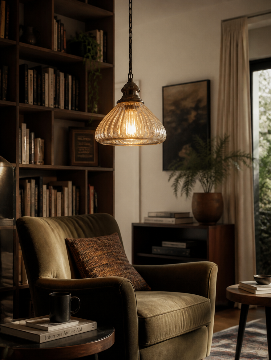 RetroLux Glass Pendant Chandelier in reading nook