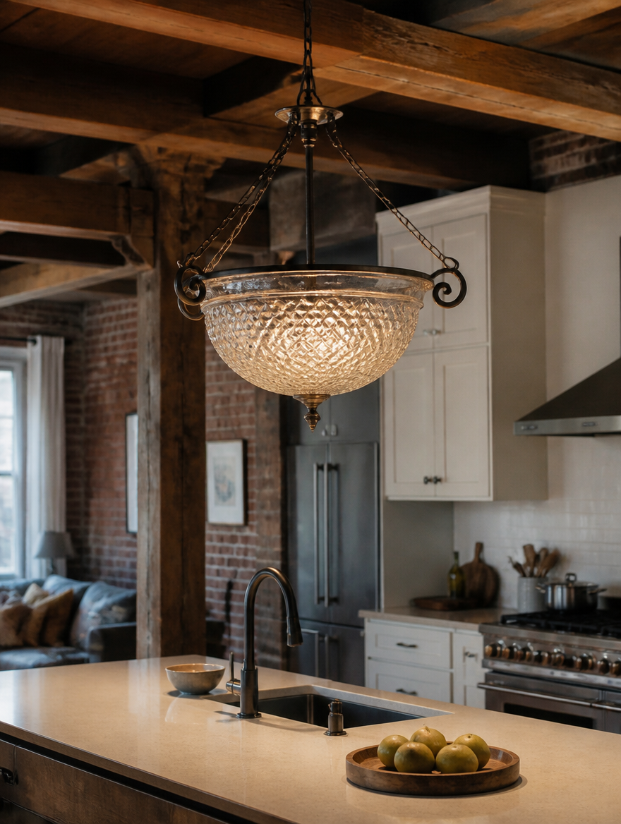 RetroLux Glass Pendant Chandelier above kitchen island