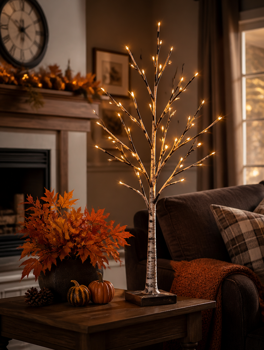 HollowBirch LED Artificial Tree Table Lamp in autumn living room