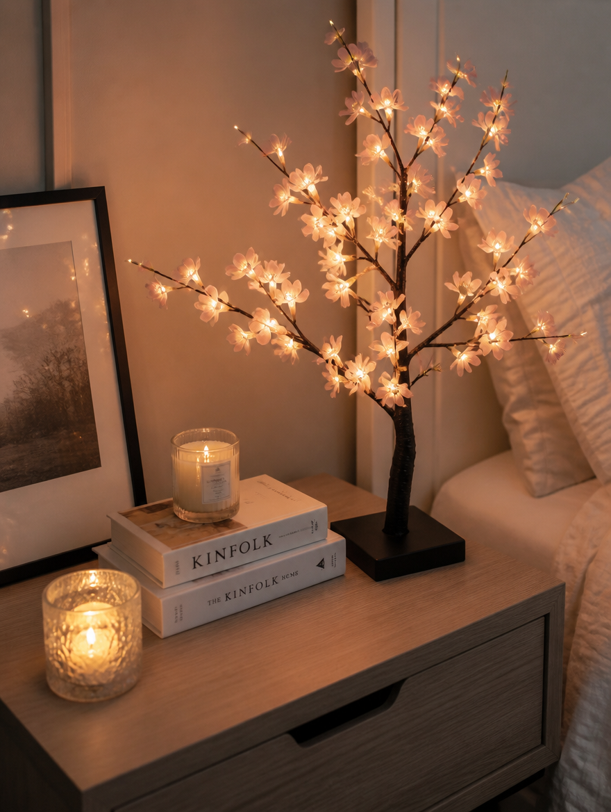 BloomVine Cherry Blossom Branch Lights on nightstand