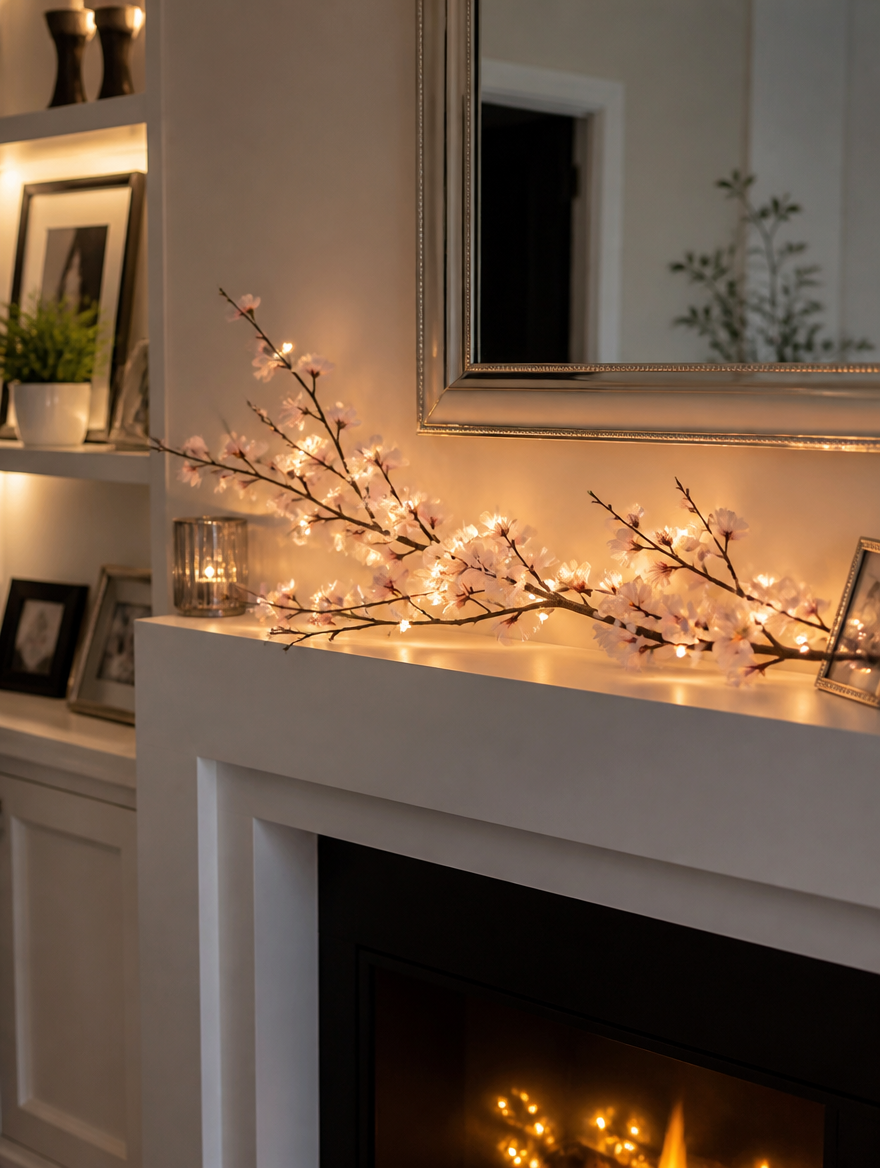 BloomVine Cherry Blossom Branch Lights on mantelpiece