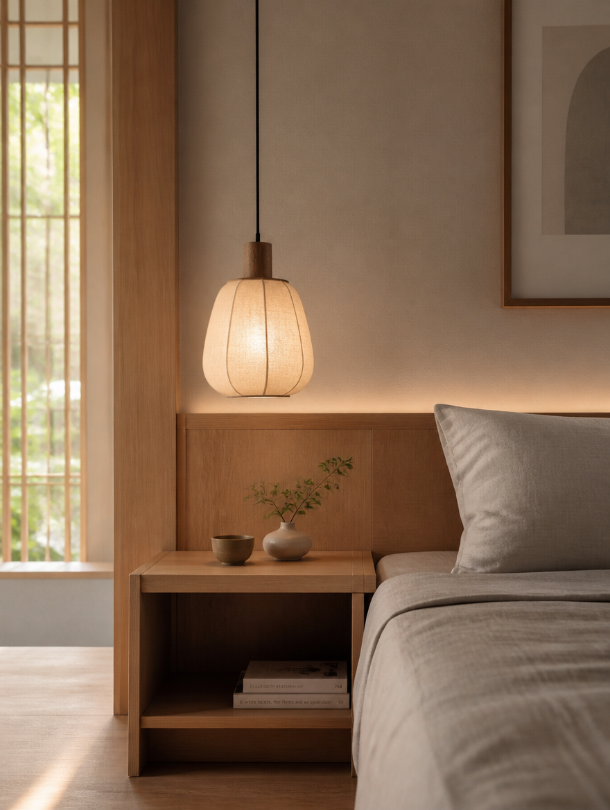 WabiGlow Japandi Pendant Hanging Lamp in serene modern room
