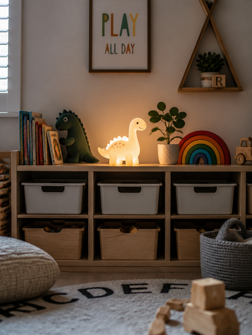 DinoGlow Kids LED Night Light on playroom shelf