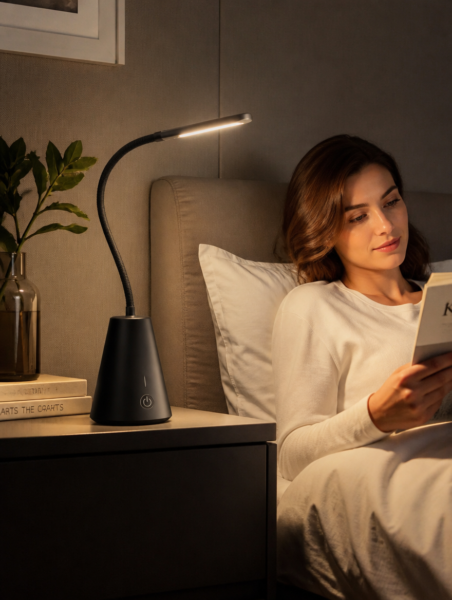 LumiTouch Portable LED Desk Lamp on nightstand for reading