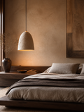 WabiGlow Japandi Pendant Hanging Lamp beside platform bed