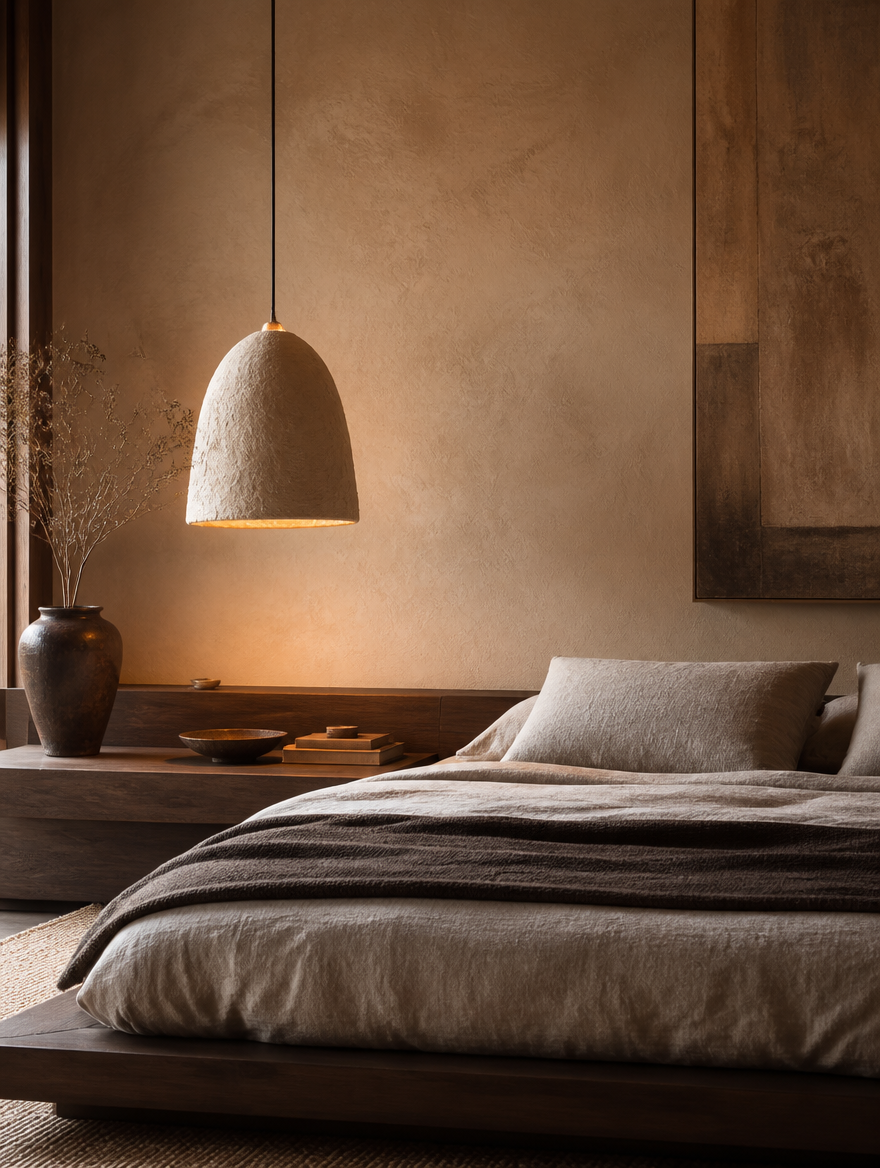WabiGlow Japandi Pendant Hanging Lamp beside platform bed