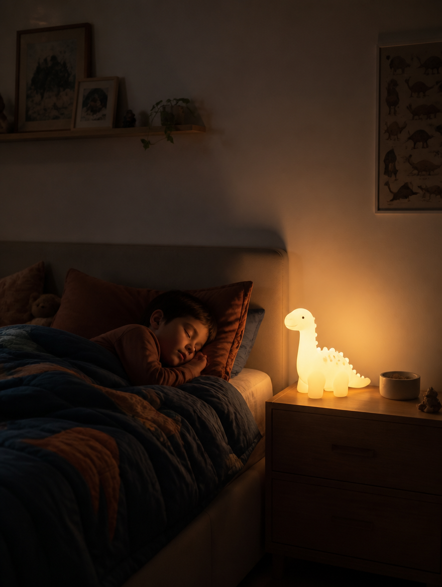 DinoGlow Kids LED Night Light in darkened child's room