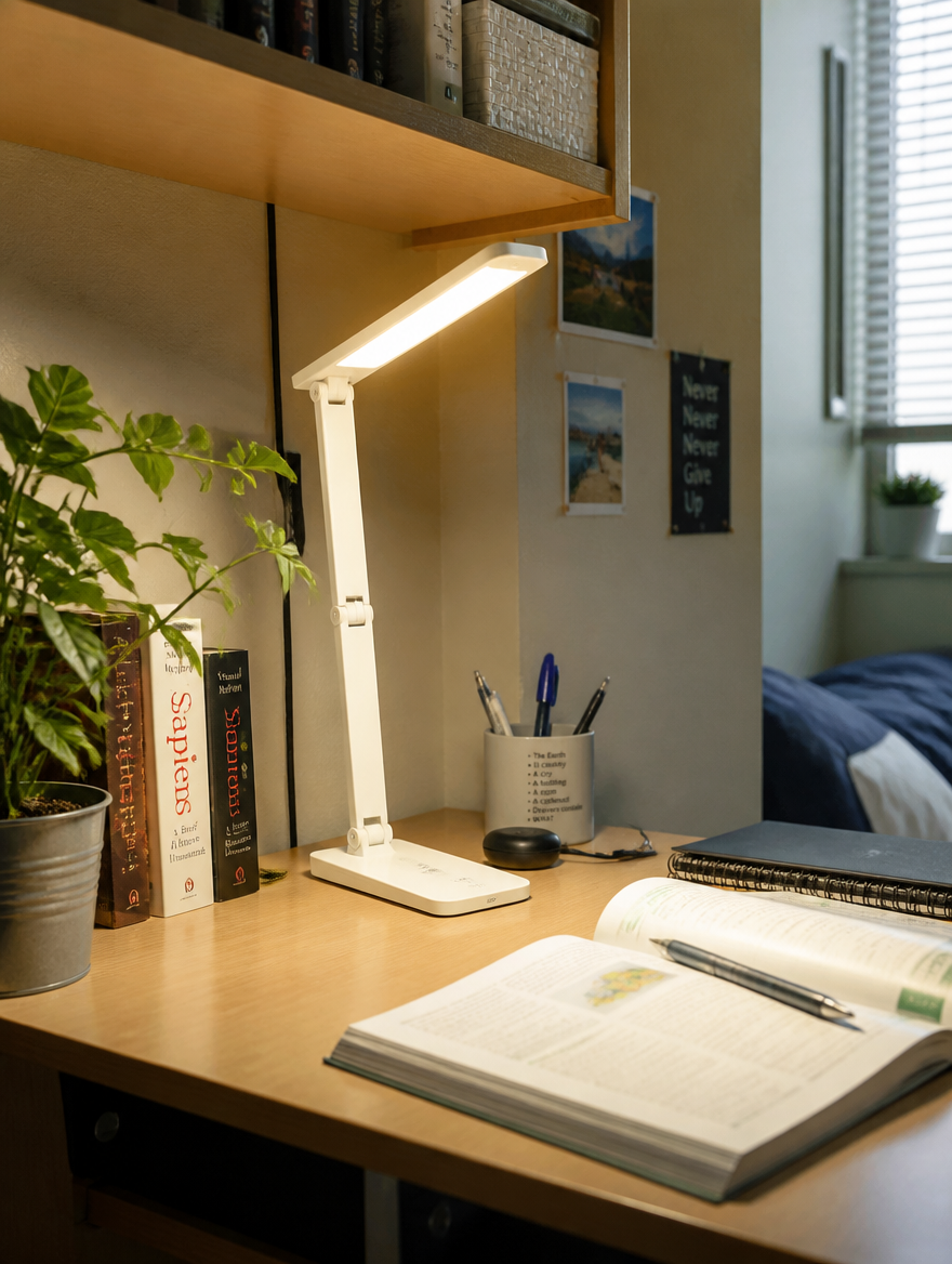 LumiTouch Portable LED Desk Lamp on college dorm desk