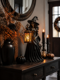 SpookLux Halloween Witch Lantern Night Light on console table with autumn decor