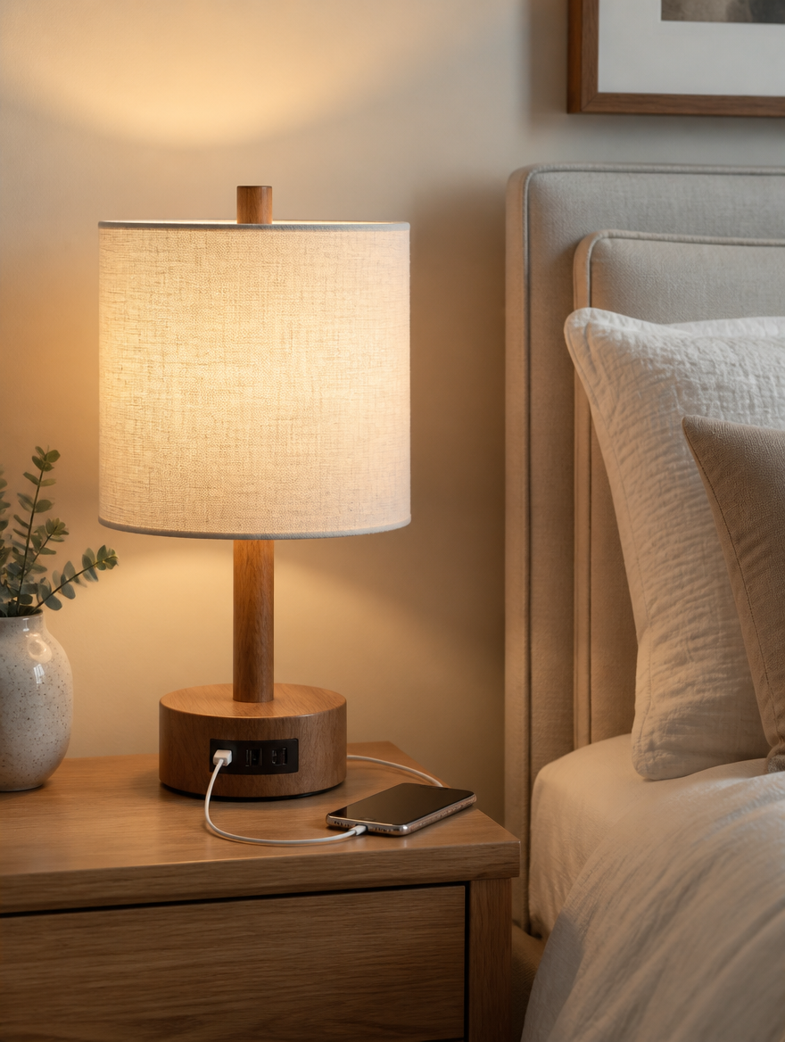 CozyOak Wood and Linen Bedside Lamp on nightstand