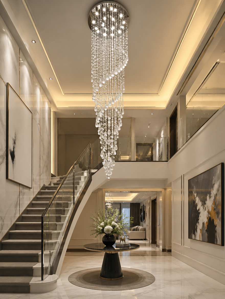 CrystalAura LED Ceiling Chandelier in grand modern entryway