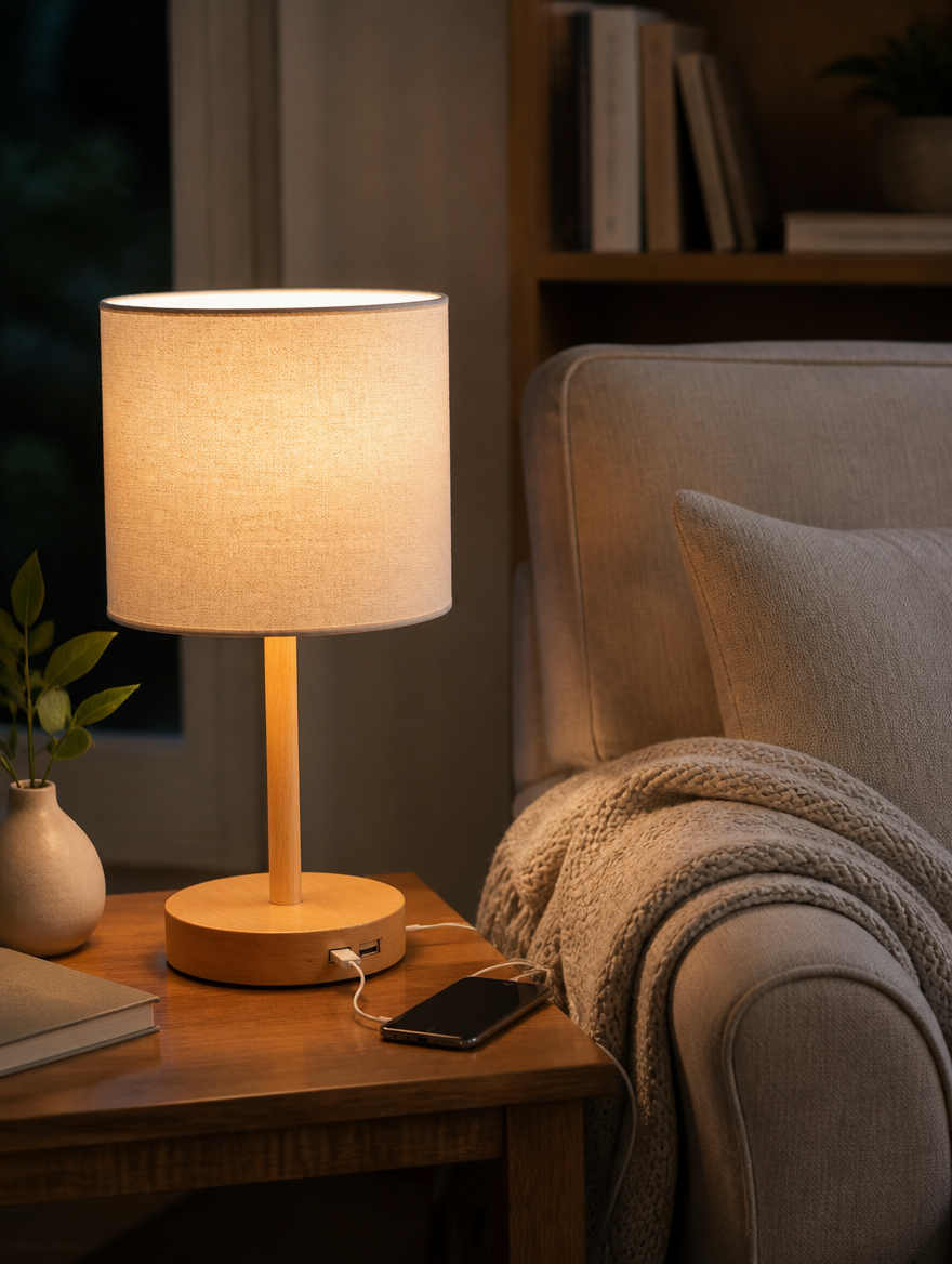 CozyOak Wood and Linen Bedside Lamp in cozy reading nook