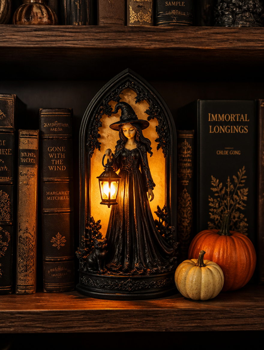 SpookLux Halloween Witch Lantern Night Light on bookshelf with vintage books