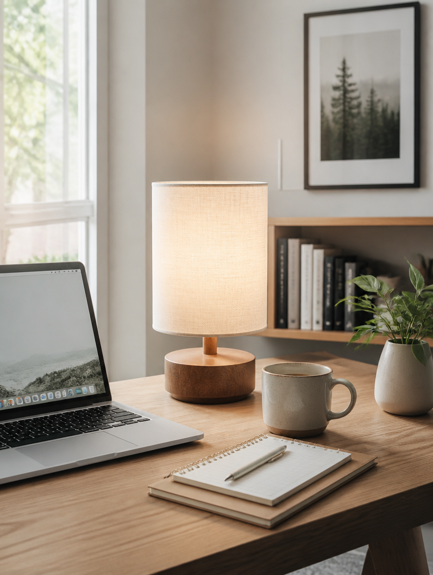 CozyOak Wood and Linen Bedside Lamp on home office desk