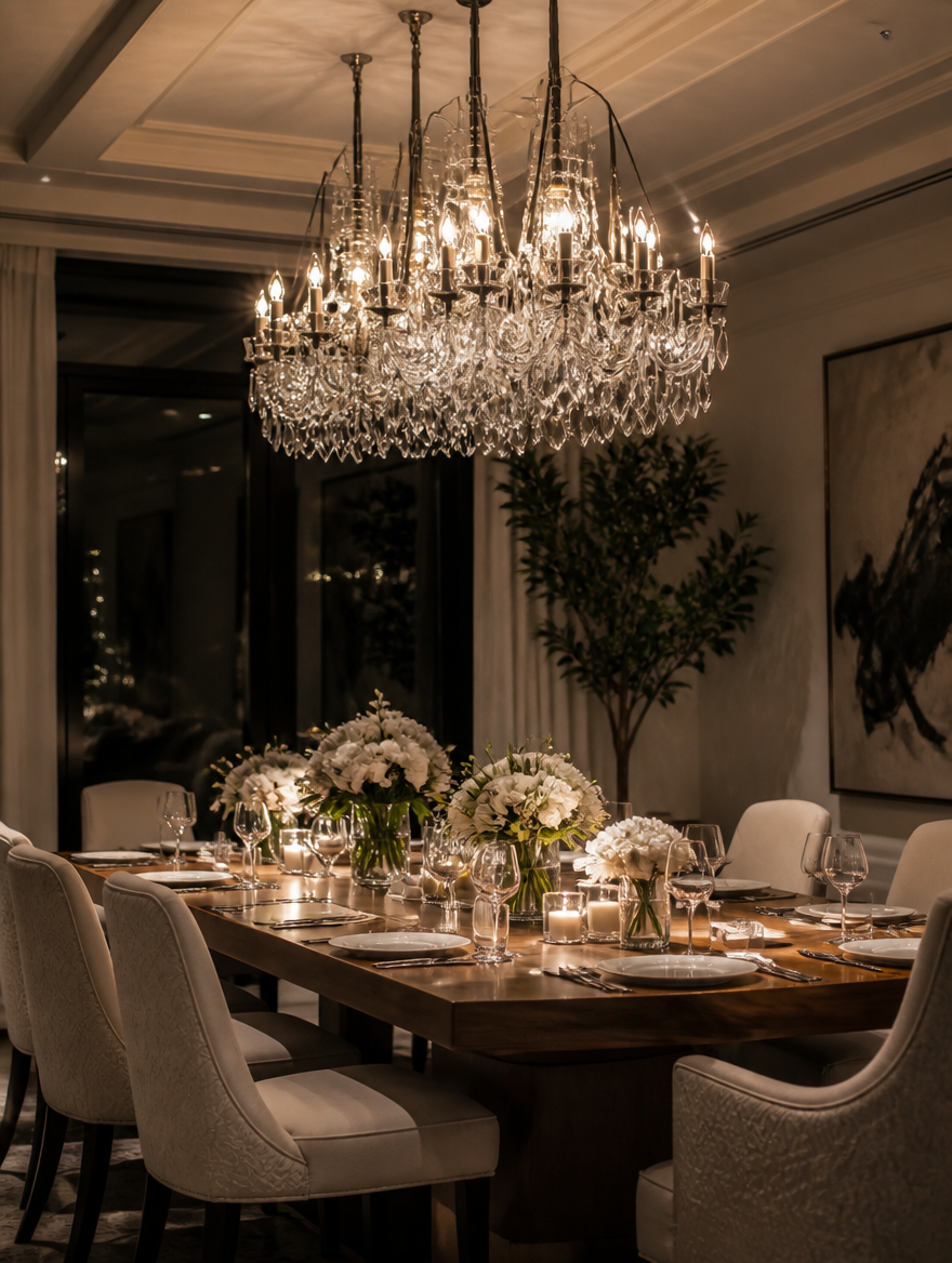CrystalAura LED Ceiling Chandelier illuminating elegant dining room